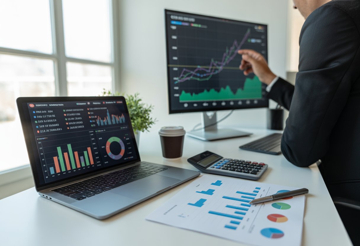 A person analyzing betting ROI charts and graphs on a laptop and large monitor in a bright office workspace.